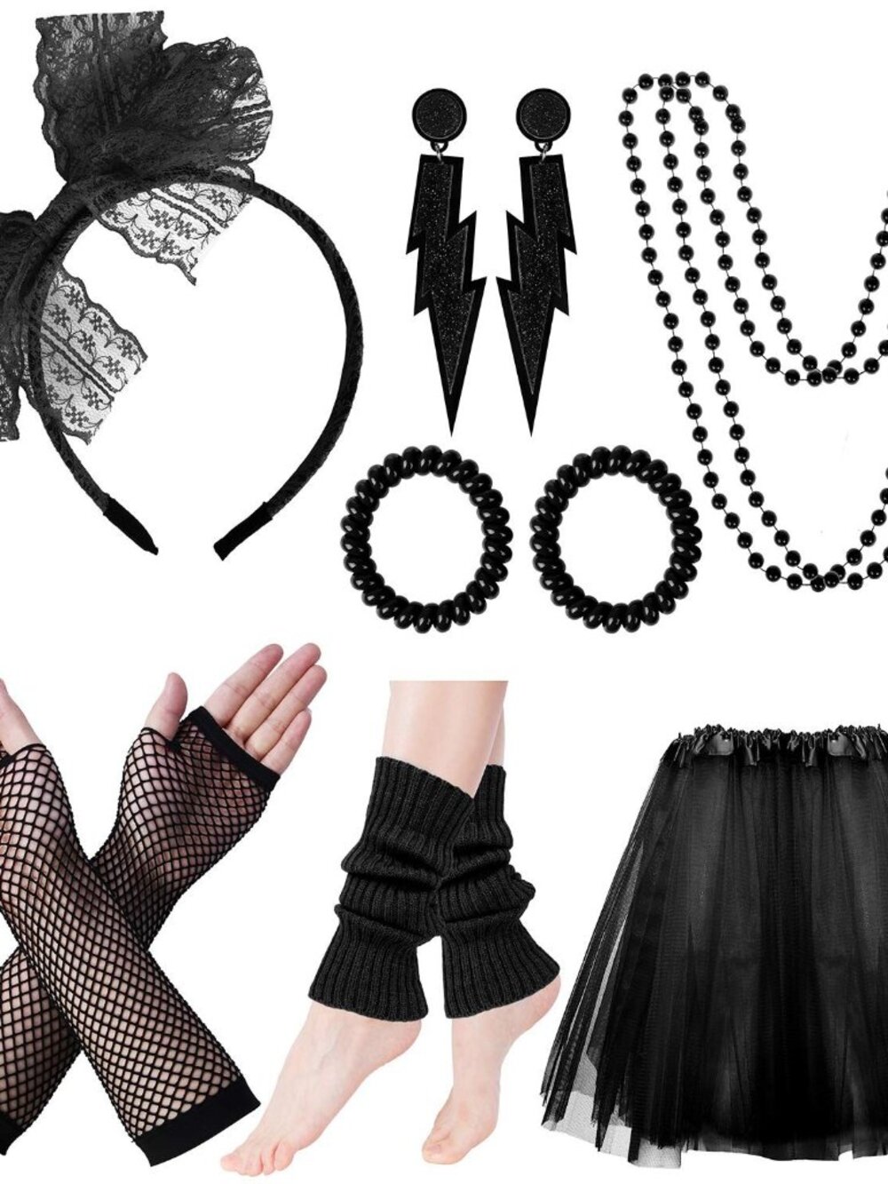 Womens BLACK 80s Tutu 9pcs Accessories Set themed party costume NEW IN BOX